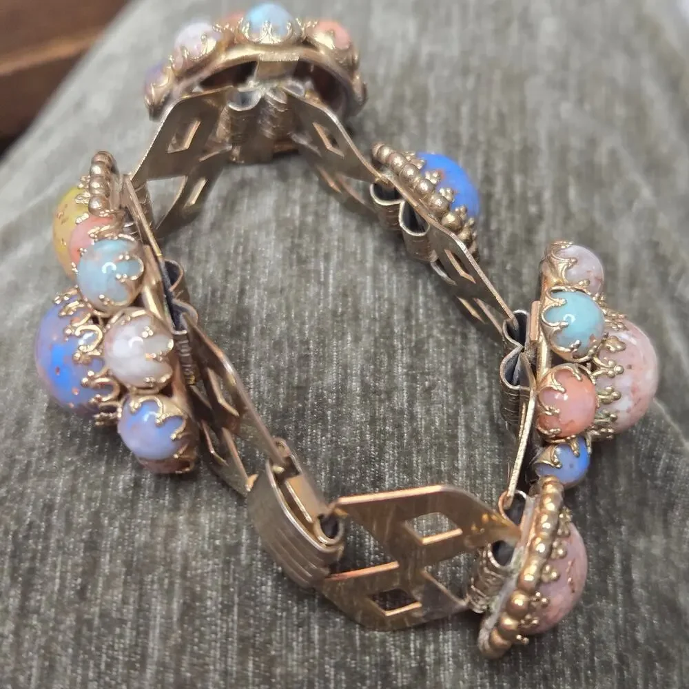 Vintage Victorian Revival Jeweled Link Panel Bracelet Gold Tone Pastel Cabochon